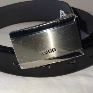 HUGO Black Leather Belt with Polished Silver Logo Buckles
